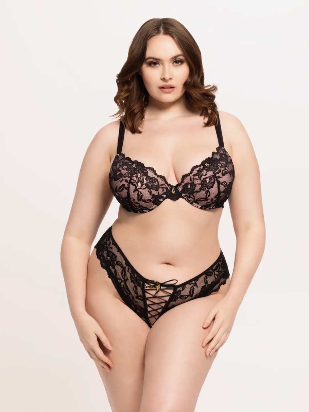 NWT Lace Push-Up Bra and Lace-Up Panty Set | Black/Soft Pink | 38C/XL